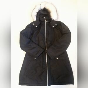 LONDON FOG BLACK HOODED PARKA WITH DETACHABLE FAUX FUR TRIM HOOD